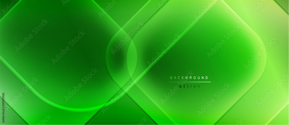 Poster abstract green background. geometric shapes overlap, creating glowing lines, gradients. modern desig