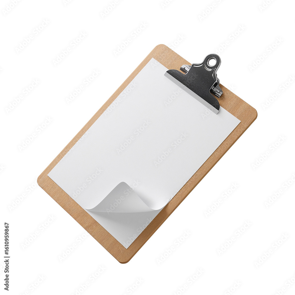 Poster clipboard with blank sheet ready for notes presentation on transparent backdrop ready for