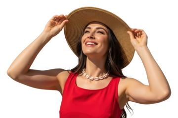 Smiling woman in a straw hat and red dress looking up.