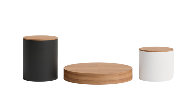 Elegant display arrangement featuring three cylinder platforms on a transparent backdrop