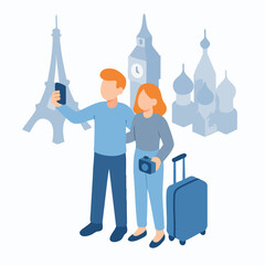 Isometric Travelers Couple Taking Selfie with Famous Landmarks Illustration