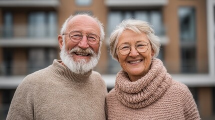 Smiling senior couple wearing glasses and sweaters outside a building. Ideal for illustrating happy retirement, family, or aging well concepts.