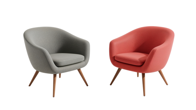 Charming pair of modern armchairs in vibrant colors against a sleek space for refined living