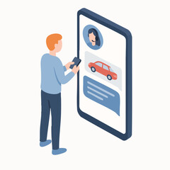 Isometric Illustration of Person Using Mobile App for Car Rental Service