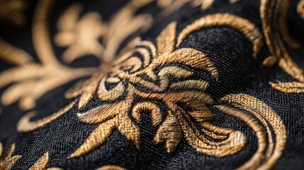 Luxurious black fabric with intricate gold floral embroidery, elegant abstract pattern