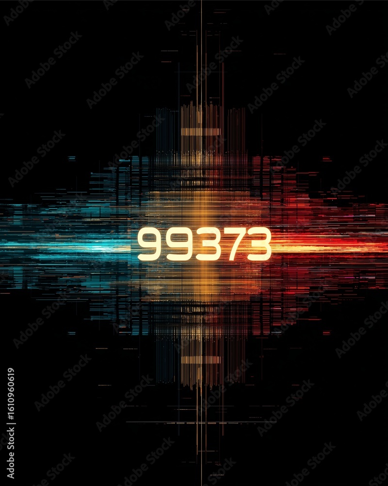 Poster digital code with 99373 : dynamic digital abstract visual depicts the number 99373, framed by radian