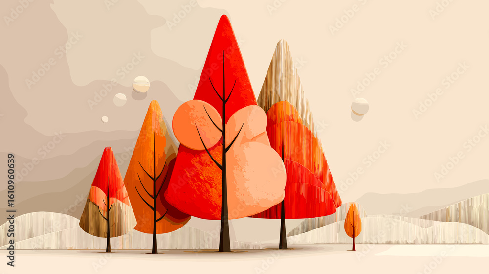 Poster a drawing of three trees with orange leaves and a small tree in the foreground. the trees are in a f