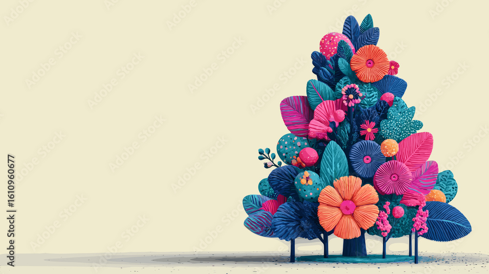 Poster a colorful tree with flowers and leaves is the focal point of the image. the tree is surrounded by a