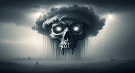 A skull emerges from a stormy cloud with glowing eyes, set against a dark and ominous landscape. AI Generated