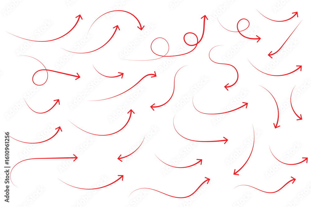 Poster hand drawn arrows icon set. sketch curved arrows design. arrow handmade. doodle arrows of varios sha