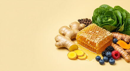 Fresh Honeycomb with Ginger, Turmeric, Berries, and Green Vegetables on Beige Background