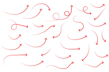 Hand drawn arrows icon set. Sketch curved arrows design. Arrow handmade. Doodle arrows of varios shapes and directions. Pointer and cursor icons.