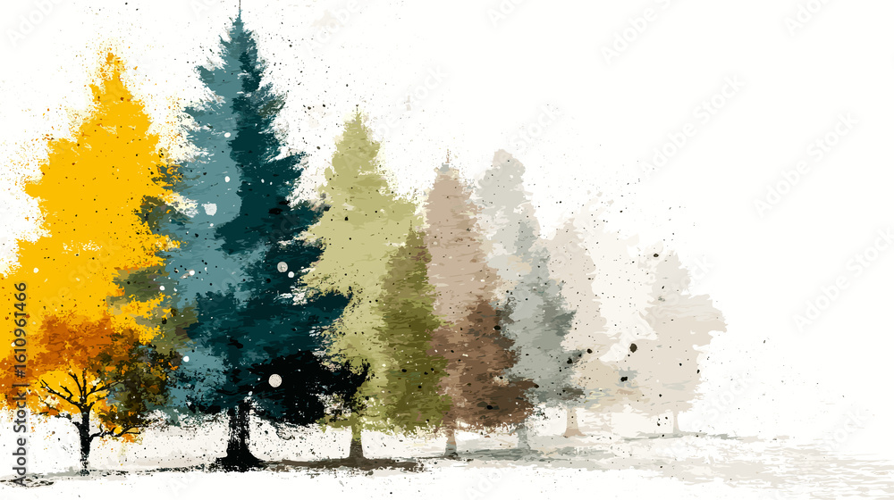 Poster a painting of a forest with trees of different colors. the trees are arranged in a row, with some ta