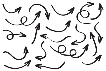 Hand drawn arrows icon set. Sketch curved arrows design. Arrow handmade. Doodle arrows of varios shapes and directions. Pointer and cursor icons.