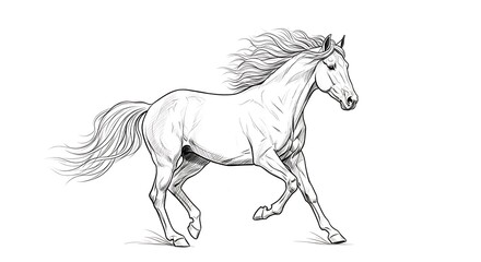 A graceful, running horse depicted in a detailed black and white line drawing.