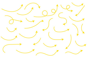 Hand drawn arrows icon set. Sketch curved arrows design. Arrow handmade. Doodle arrows of varios shapes and directions. Pointer and cursor icons.