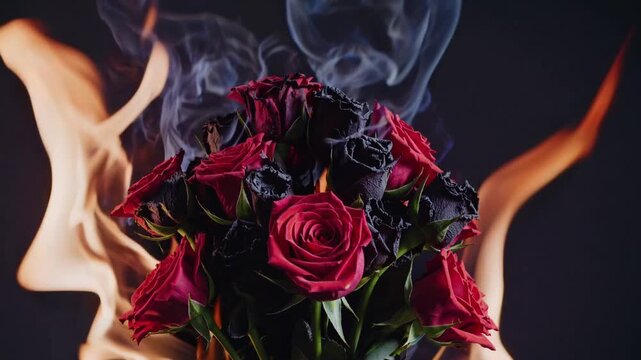 Fiery Roses Demise Stunning, Vibrant, and Dramatic Bouquet with Smoke Effect, Ideal for HighEnergy Campaigns Inspiring Passion and Creativity.