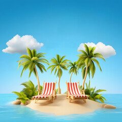 Obraz premium 3D vector illustration of beach chairs, palm trees, and hot air balloons on an island in the sea, with a plane flying over it. This summer vacation concept features