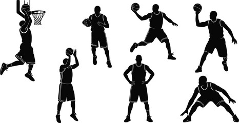 Basketball players silhouette collection action poses and playing basketball for sport advertising and team designs vibrant energy and athletic performance
