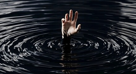 A hand is seen reaching out from dark water, surrounded by ripples, conveying a sense of distress or drowning. AI Generated