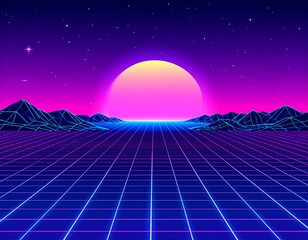 Retrofuturistic landscape with grid