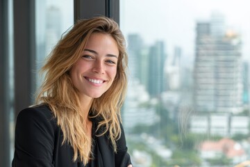 Smiling young businesswoman in suit near window, with city building view. Shows confidence, success, and leadership in a modern corporate environment.