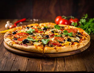 Delicious Vegetarian Pizza with Tomatoes and Olives on Wooden Board
