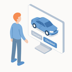 Isometric Stylish Car Configuration on Computer Screen E Commerce Illustration