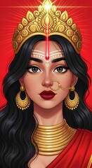 Beautiful indian goddess illustration with crown and jewelry digital art design
