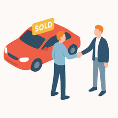 Obraz premium Isometric Two Men Handshake After Car Purchase Transaction Illustration
