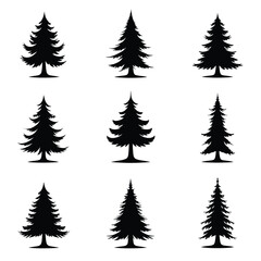 Obraz premium A Collection Of Nine Stylized Evergreen Tree Silhouettes Displayed Against A White Backdrop