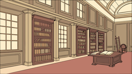 Illustration of a library interior with bookshelves, windows, table and chair with a ladder inside