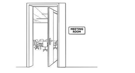 A minimalist outline illustration of an empty corporate meeting room, viewed through an open door from the hallway. Simple line art for business concepts.