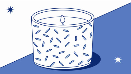 Illustration of a patterned candle in a glass jar with two stars on a split blue and white background