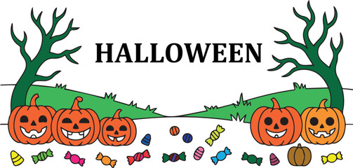 Halloween Illustration with Pumpkins Candy Trees and Smiling Faces