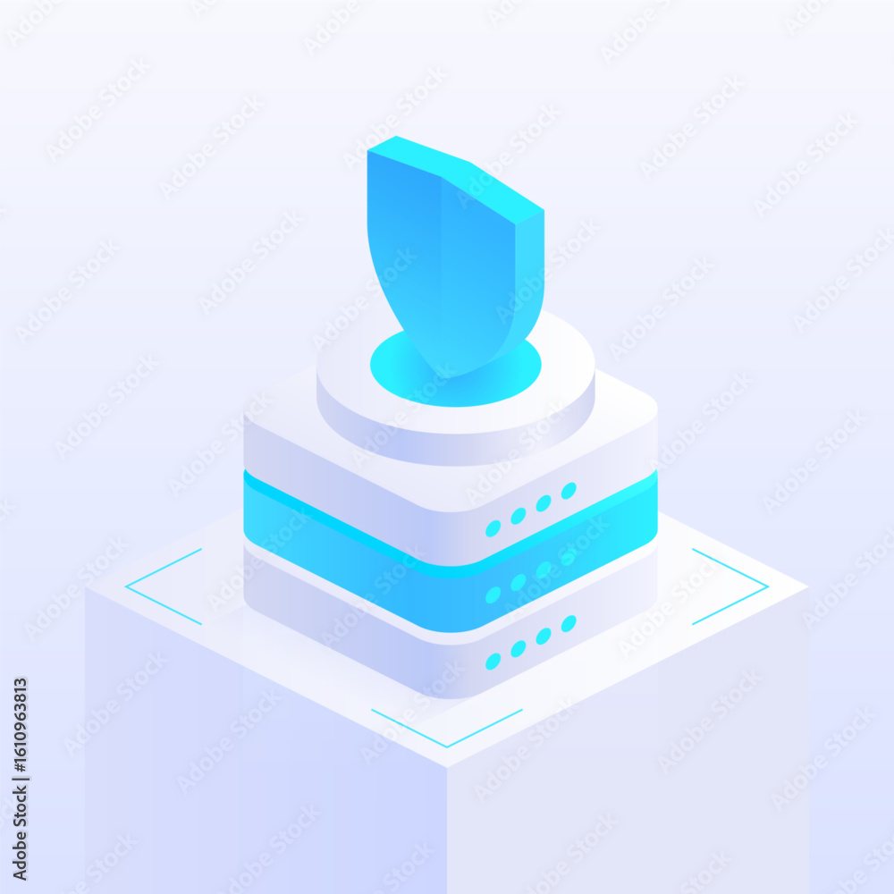 Poster a shield atop server stacks symbolizes digital security and protection, representing cybersecurity f