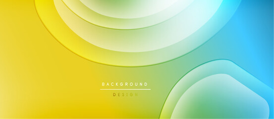 Abstract fluid shapes blend yellow, green, blue hues. Soft gradients create dynamic background design. Minimal text present.