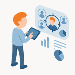 Isometric Minimalist Businessman Targeting Customer with Digital Analytics Dashboard Illustration