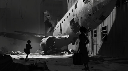 Two silhouetted figures observe a massive crashed airplane wreckage in a dark environment