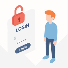 Isometric Style Man Login With Padlock Security Authentication Illustration