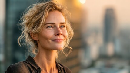 Obraz premium Smiling woman looks optimistically toward future, skyline backdrop. Use for concepts like hope, success, dreams, aspiration, progress.