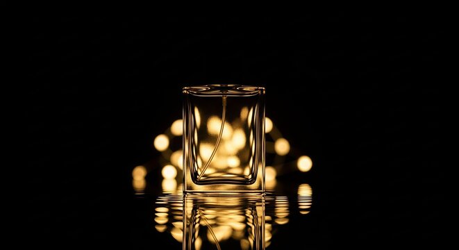 Elegant perfume bottle with golden bokeh background and reflection