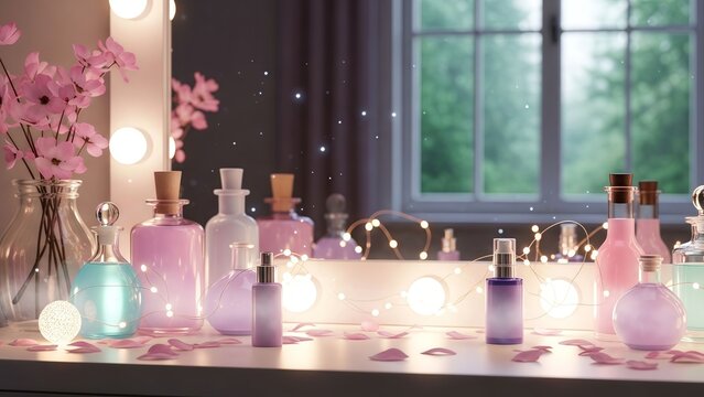 Elegant Perfume Bottles and Blossoms on a Vanity Table