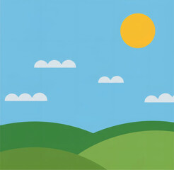 Obraz premium Minimal landscape with hills, clouds, and sun – vector design. Flat and minimal vector illustration of a natural landscape with rolling hills, sun, and fluffy clouds. Great for eco or nature.