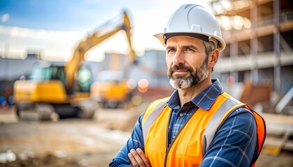 A confident and focused construction site worker with a strong sense of responsibility, reflecting on a day's worth of completed tasks and anticipating the challenges of the next project. High quality