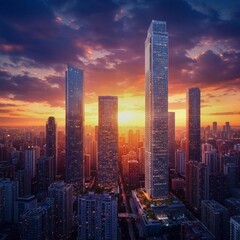 Obraz premium hong kong skyline at sunset, City skyscrapers under a sunset sky, 都会の高層ビルと夕焼け空