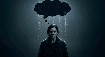 A woman stands under a thought bubble that is raining, symbolizing sadness or depression, in a dark, moody atmosphere. AI Generated