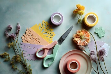 Flatlay Art Supplies Scissors Washi Tape Paper Cutouts