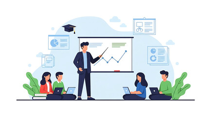 A teacher instructs students in a modern classroom setting, using a projector screen with charts and graphs, while students engage with laptops and books.