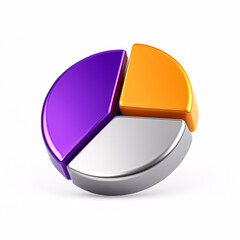 3D Render of Pie Chart with Shiny Purple, Orange, and Silver Segments on White Background

